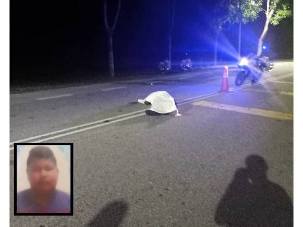 Mangsa tercampak ke kanan jalan selepas motosikal ditunggang bergesel dengan sebuah motosikal lain di Jalan Kampung Mengabang Panjang, Batu Rakit, Kuala Nerus awal pagi tadi. (Gambar kecil: Muhammad Amir Fikri)
