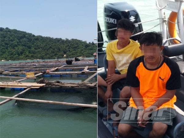 Sangkar ikan yang terletak lebih kurang 0.3 batu nautika dari Timur Pulau Jerejak. (Kanan: Dua pekerja sangkar ikan warga Thailand yang ditahan APMM.)