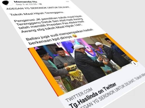 Status yang didakwa dimuat naik pemilik akaun twitter menggunakan nama Tg. Haslinda.