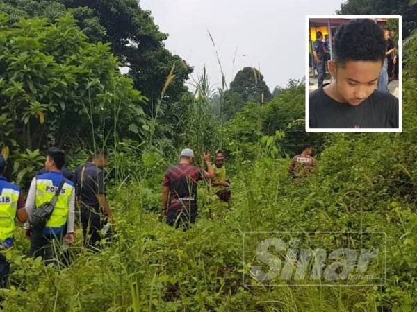 Operasi pencarian yang dilakukan melibatkan polis, bomba, Rela dan APM dijalankan di sekitar Kampung Chuar sejak semalam. Gambar kecil, Izzuddin ditemui selamat oleh pasukan peronda polis.