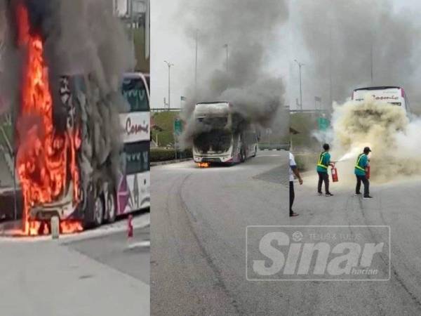 Bahagian belakang bas ekspres dua tingkat terbakar dan orang awam membantu memadam kebakaran bas ekspres di R&R Sungai Perak hari ini.