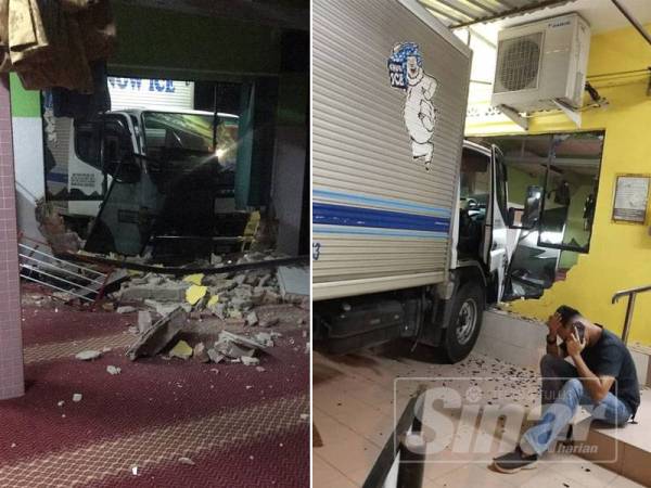 Keadaan dalam masjid selepas dirempuh sebuah lori ais malam tadi. Gambar kanan: Muhammad Firdaus keluar dari kenderaannya selepas merempuh hadapan Masjid Al-Khairiah Telok Mas malam tadi.