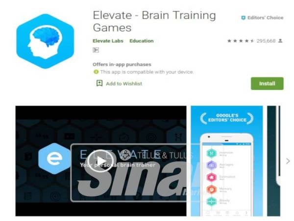 APLIKASI Elevate: Brain Training boleh membantu merehatkan minda selepas pulang bekerja.