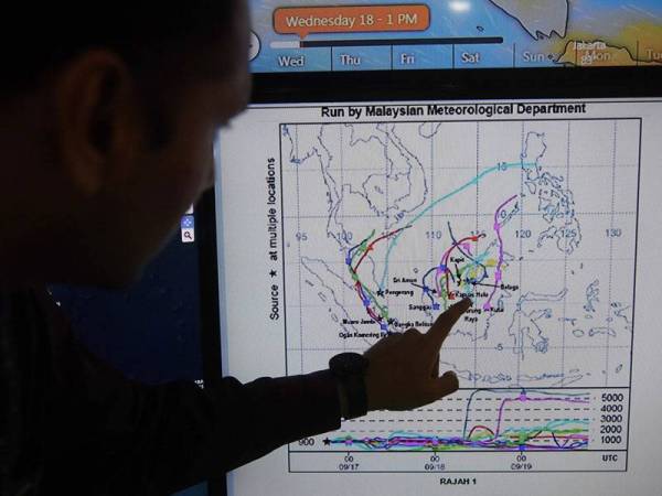 Pegawai Meteorologi Pusat Kawalan Bencana Negara Mohamed Azan Abdul Halim menunjukkan kitaran angin dan Indeks Pencemaran Undara (IPU) yang terus meningkat melebihi 500 ketika ditemui di Markas Pasukan Mencari Dan Menyelamat Khas Malaysia (SMART), Agensi Pengurusan Bencana Negara Malaysia (NADMA) hari ini. - Foto Bernama