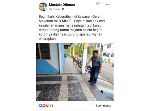 Status yang dimuat naik Ahmad Mustain berhubung kebersihan premis makanan MDSB di akaun Facebook beliau hari ini.