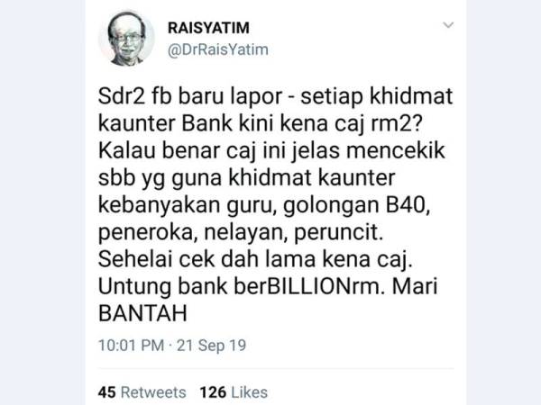 Kenyataan Rais Yatim yang dimuat naik dalam akaun Twitternya.