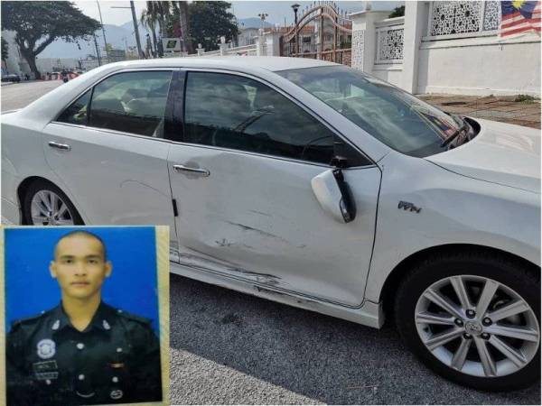 Kereta dipandu seorang wanita yang dipercayai terlibat dalam kemalangan membabitkan anggota polis hari ini. Gambar kecil: Mohamad Riezal