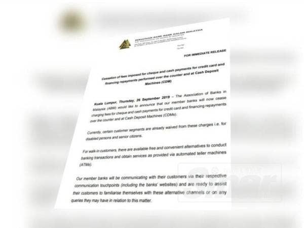 Kenyataan ABM untuk menghentikan caj transaksi yang dikenakan bagi penggunaan cek dan bayaran tunai untuk pembayaran kad kredit serta pembiayaan melalui kaunter dan mesin deposit tunai.
