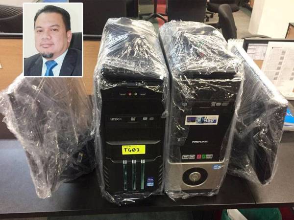 Set komputer yang mengandungi perisian cetak rompak yang dirampas dalam serbuan di sebuah premis terletak di Petaling Jaya semalam.
Gambar kecil: Muhammad Zikril Azan Abdullah