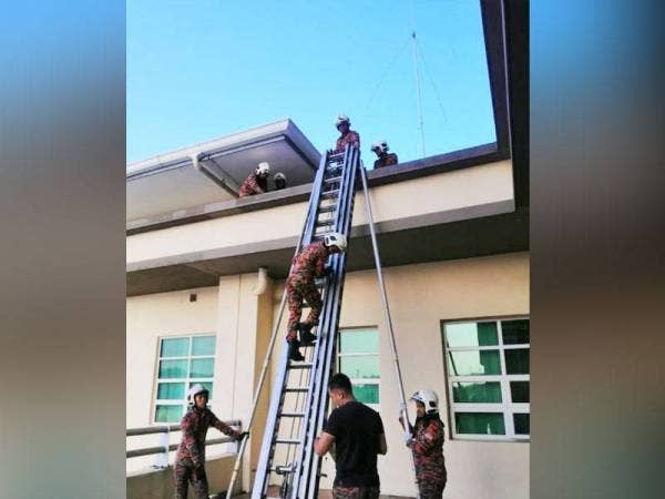Pasukan bomba menurunkan mayat mangsa yang terjatuh atas bumbung tingkat tiga Hospital Shah Alam hari ini. - Foto JBPM Selangor