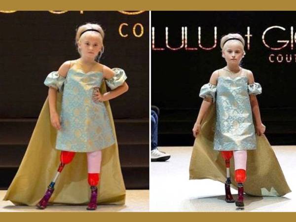 Daisy-May Demetre dari Birmingham 'catwalk' dengan kaki palsu di puncak Menara Eiffel untuk Minggu Fesyen Paris, New York. - Foto Agensi