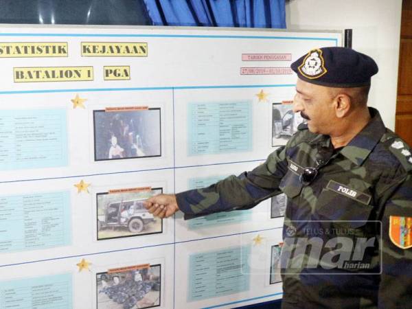 Mohamed Rafiq menunjukkan statistik tangkapan dan rampasan sepanjang operasi Batalion 1 Ulu Kinta di Markas Taktikal di sini hari ini.