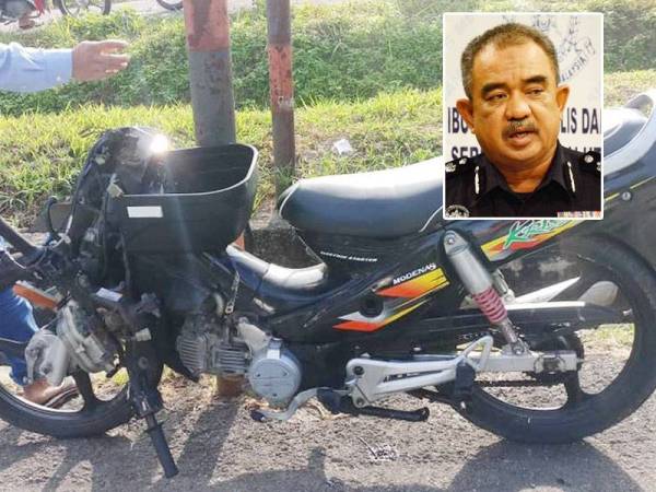Keadaan motosikal Modenas Kriss yang dipercayai melanggar motosikal Norhayati.
Gambar kecil: Noorzainy