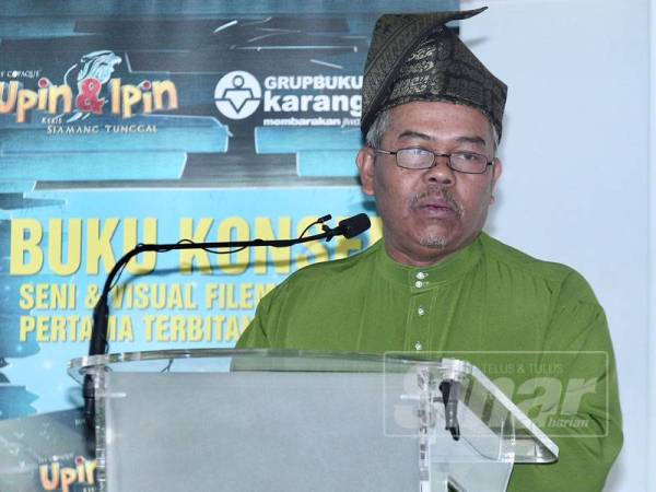 Burhanuddin Md Radzi berucap pada Pelancaran Buku Konsep Seni & Visual Filem Animasi yang pertama di Malaysia Upin & Ipin: Keris Siamang Tunggal di Universiti Kuala Lumpur,Kuala Lumpur. - Foto Sinar Harian/ZAHID IZZANI
