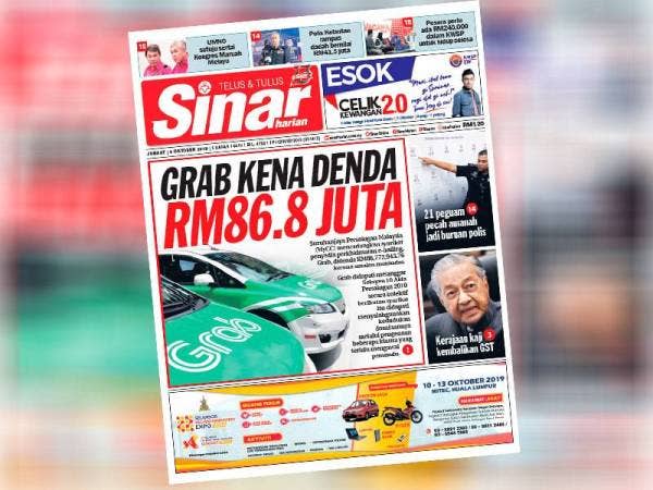 Laporan muka depan akhbar Sinar Harian berkaitan isu saman Grab. 
