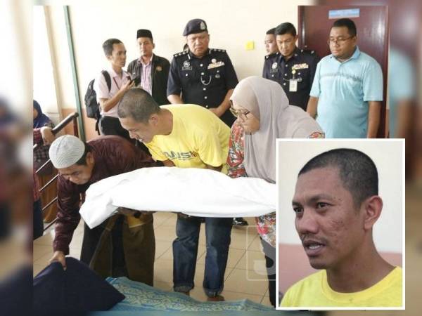 Ahmad Hafiz bersama isterinya, Sofia mengangkat jenazah anak bongsu mereka untuk dikebumikan di Lekir hari ini. (Gambar kecil: Ahmad Hafiz)