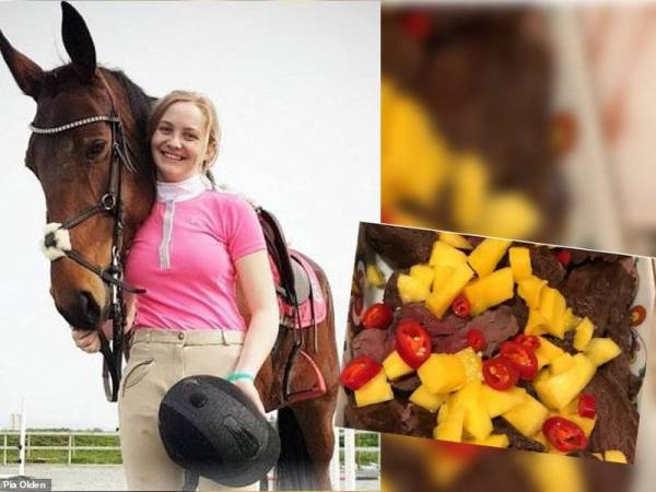 Pia Olden, 18, dikecam kerana memakan daging kuda jantan miliknya setelah ia terpaksa 'dimatikan'. (Daging kuda yang telah dimasak disajikan dengan hirisan cili dan mangga.) - Foto Facebook Pia Olden