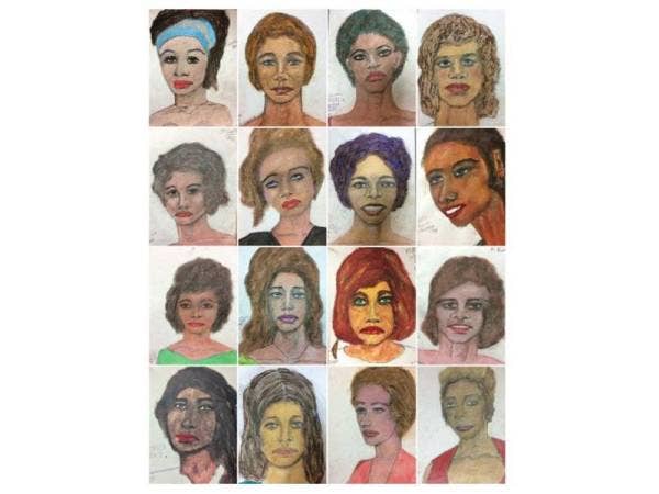 Lukisan yang dikeluarkan oleh FBI menunjukkan 16 wajah mangsa wanita yang dilukis sendiri oleh Samuel Little. - Foto AFP