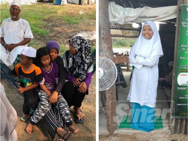 Imran dan empat anaknya berada di atas buaian di hadapan bangsal mereka di tepi pantai. (Kanan: Siti Nur Shafikah yang kembali memakai uniform sekolah berasa sangat seronok dan teruja memulakan sesi persekolahannya sejak Khamis lalu.)