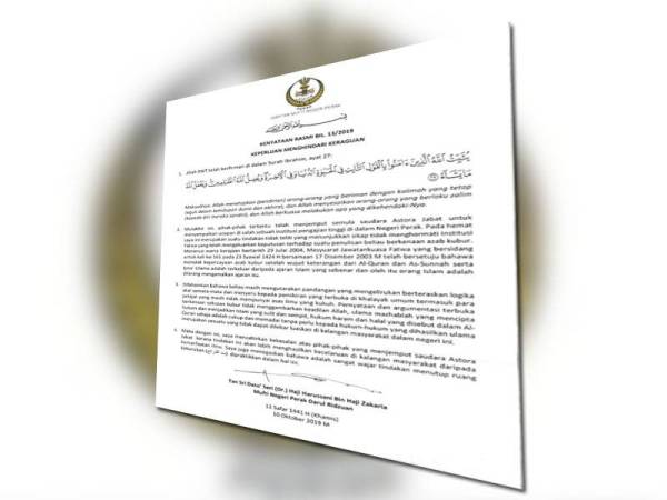 Kenyataan Harussani yang dikeluarkan menerusi Facebook Jabatan Mufti Perak hari ini.