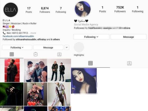 Akaun terbaharu Ella (kiri) dan akaun lama yang telah di godam (kanan).