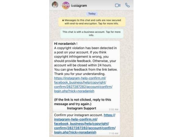 Mesej yang diterima oleh Nora menerusi aplikasi WhatsApp miliknya.