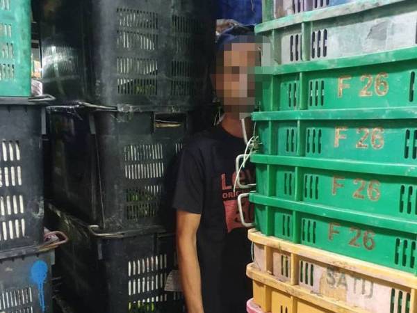 Seorang lelaki cuba menyorok di sebalik bakul dan tong di Pasar Borong Kuala Lumpur, awal pagi tadi.