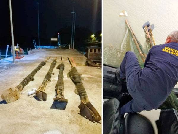 KIRI: Empat pukat rawa sorong yang dirampas APMM di perairan Ayer Baloi, Selasa lalu. KANAN: Anggota APMM mengangkat pukat rawa sorong yang ditinggalkan pemilik bot sewaktu rondaan di perairan Ayer Baloi, Selasa lalu.