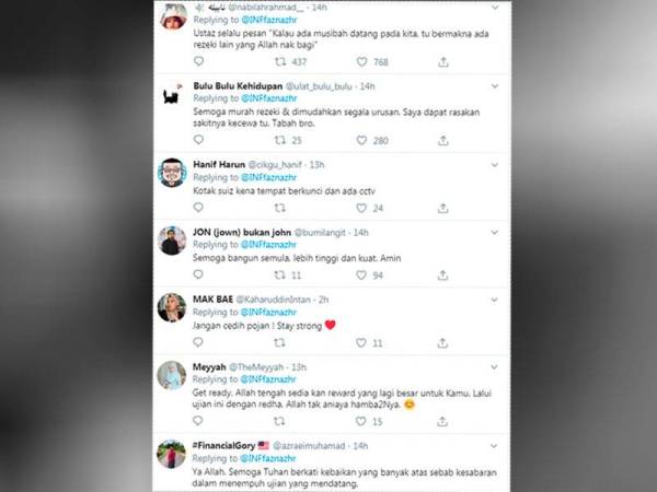 Kata-kata semangat daripada netizen yang berharap agar @INFfaznazhr bersabar dengan ujian yang menimpanya.