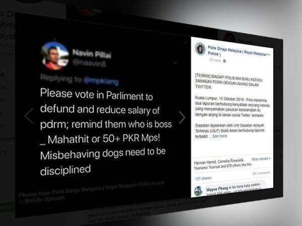 Paparan skrin ciapan di laman mikro Twitter oleh individu berkenaan dikongsikan di laman sosial Facebook Polis Diraja Malaysia (PDRM).
