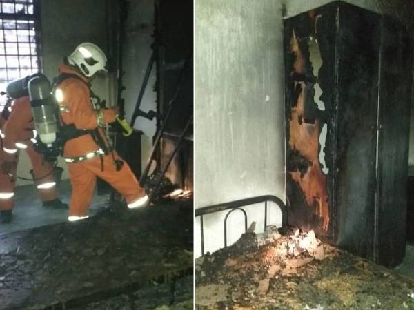 Anggota bomba melakukan pemeriksaan dalam bilik yang terbakar bagi memastikan tiada lagi punca api yang boleh mencetuskan semula kebakaran.