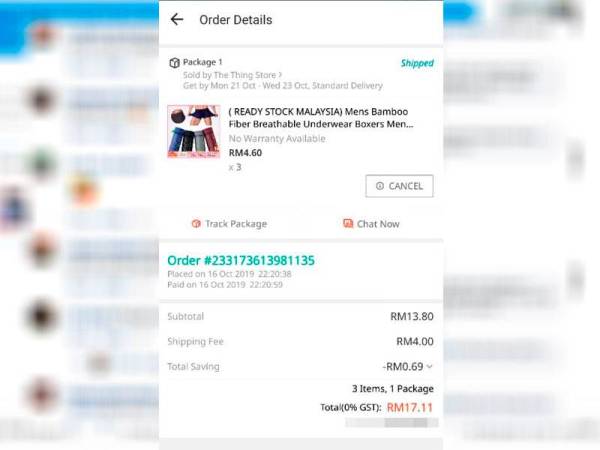 Nurul Riduan telah membeli boxer seperti yang ditempahnya melalui paparan screenshot.