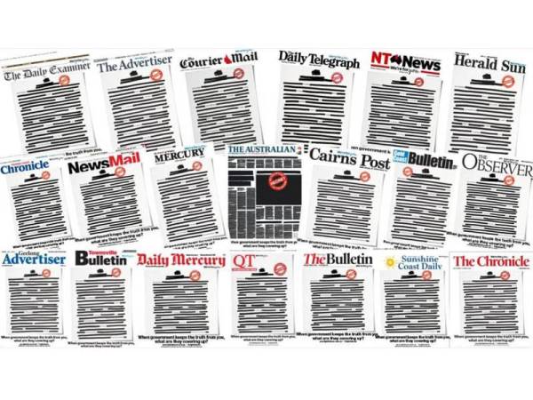 Kebanyakan muka depan akhbar di Australia memaparkan tulisan yang sengaja 'dihitamkan' sebagai tanda protes terhadap sekatan ke atas kebebasan media. - Foto AFP
