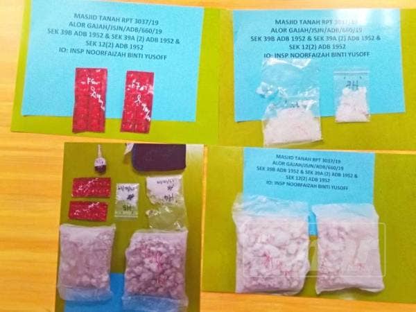 Dadah pelbagai jenis yang dirampas.
