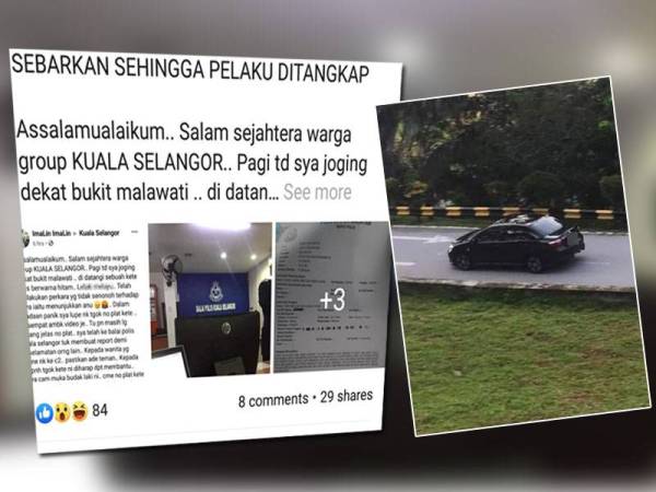 Sebuah laman Facebook yang memuat naik status, gambar dan salinan laporan polis berhubung kejadian tersebut. Gambar kanan: Kereta yang dipercayai dinaiki lelaki terbabit.
