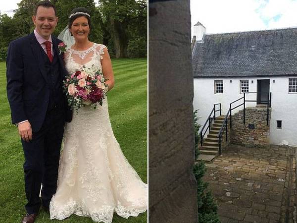 Kemalangan berlaku beberapa jam selepas mangsa melangsungkan perkahwinan. Foto kanan: Mallon terjatuh dari tangga berketinggian 3.7 meter.