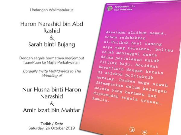 Kad perkahwinan telah diedarkan dan status Facebook Husna tular di media sosial. 