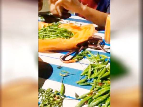 Rakan-rakan lain turut membantu membersihkan cili api ketika melepak di kedai makan.