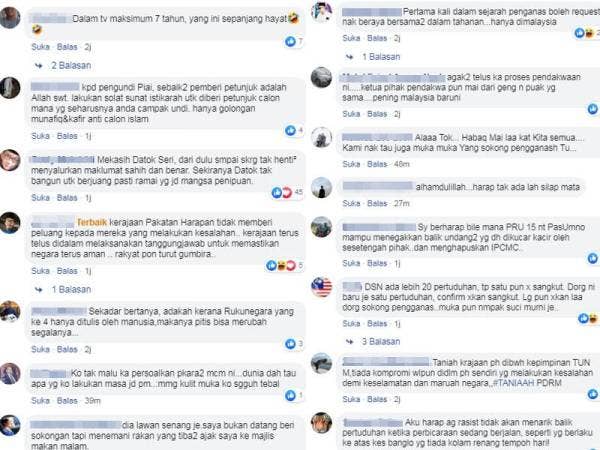 Antara reaksi netizen terhadap hantaran Najib di laman sosial Facebooknya. 