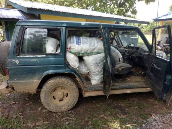 20 bungkusan guni mengandungi daun ketum disumbat dalam pacuan empat roda.