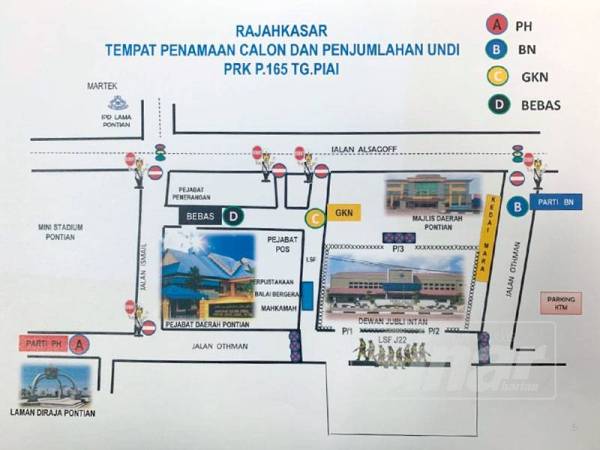 Kedudukan laluan dan penyokong pada Hari Penamaan Calon di Dewan Jubli Intan Sultan Ibrahim di sini esok.