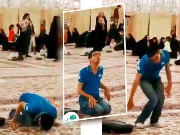 Seorang pemuda tidak menjadikan kekurangan fizikalnya sebagai penghalang untuk menunaikan solat di sebuah masjid.