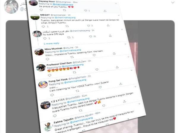 Antara reaksi netizen yang kagum dengan Tunku Azizah yang mewakili Malaysia menceritakan tentang kehebatan kraftangan Malaysia.