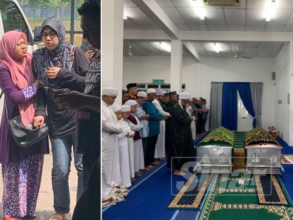 Gambar kiri: Norhafiza(kanan) ditenangkan sanak saudaranya ketika mengiringi jenazah suaminya ke surau IPD Seri Alam.Jenazah Allahyarham Mohamad Johari dan Saifullah disolatkan di Surau IPD Seri Alam sebelum dihantar pulang untuk dikebumikan di kampung masing-masing.
