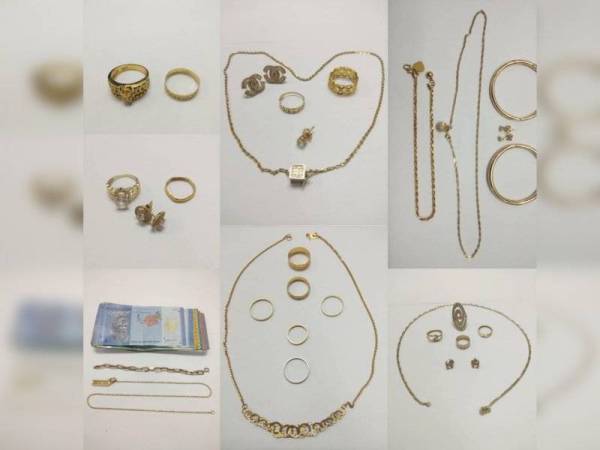 Barangan kemas dan wang tunai milik suspek yang dirampas dalam serbuan itu.