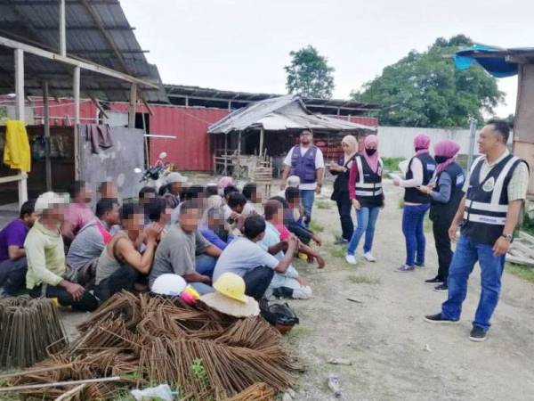 Sebahagian PATI yang ditahan dalam serbuan di tapak pembinaan di Dungun, kelmarin.
Gambar ihsan JIMT.