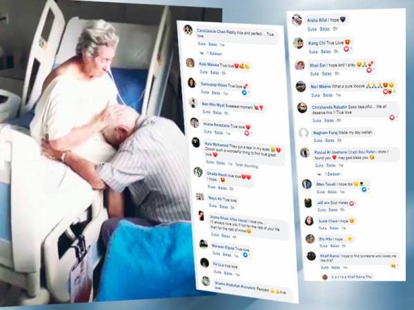 Tangkap layar video yang memaparkan isteri yang berada di katil sebuah hospital dilihat mengusap-usap kepala suaminya yang menangis sambil memeluk buah hatinya itu.