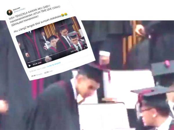 Tangkapan layar video memaparkan Arif jatuh ketika mahasiswa memasuki dewan pada konvokesyen Universiti Teknologi Malaysia (UTM)