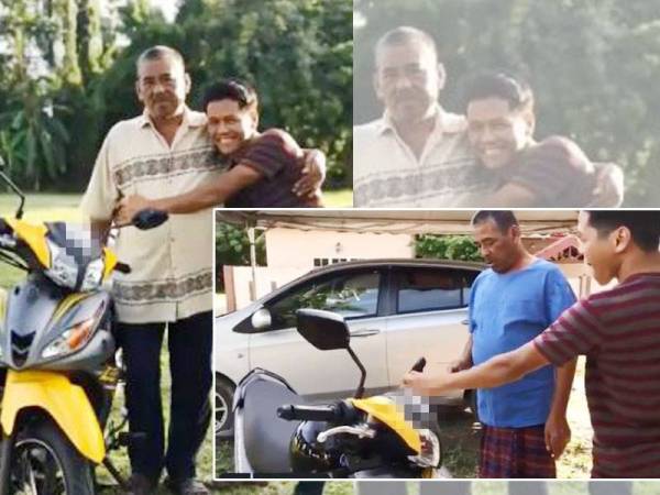 Muhd Faez bersama ayah dan motosikal baharunya. Bapa terkejut menerima motosikal baharu dari anaknya.