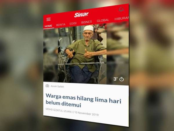 Laporan Sinar Harian mengenai Asrah yang dilaporkan hilang sejak keluar dari rumahnya di Jalan Tanah Lesen, Kampung Sungai Tengar pada 5 November lalu.
